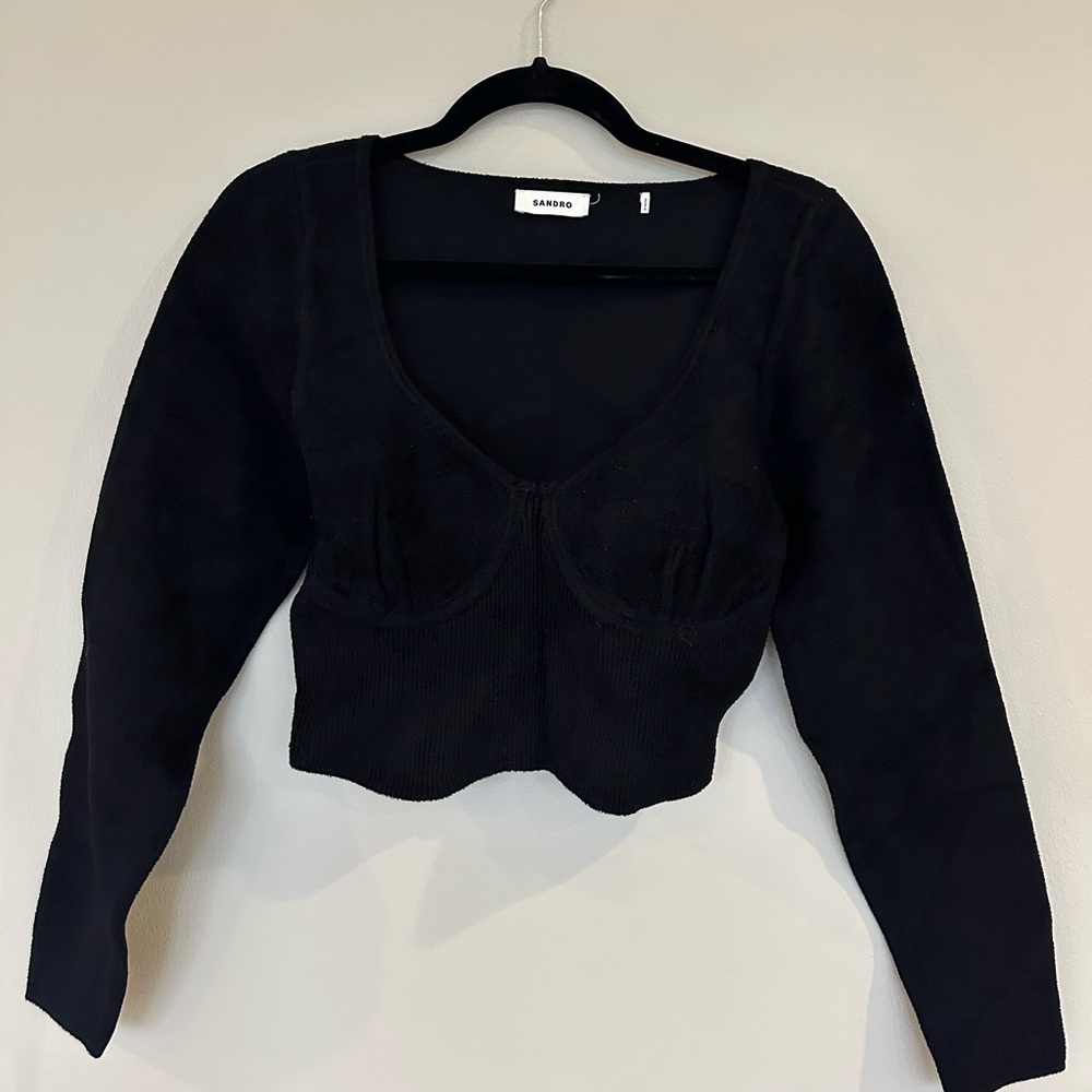 Sandro Black Ribbed Fitted Crop Blouse